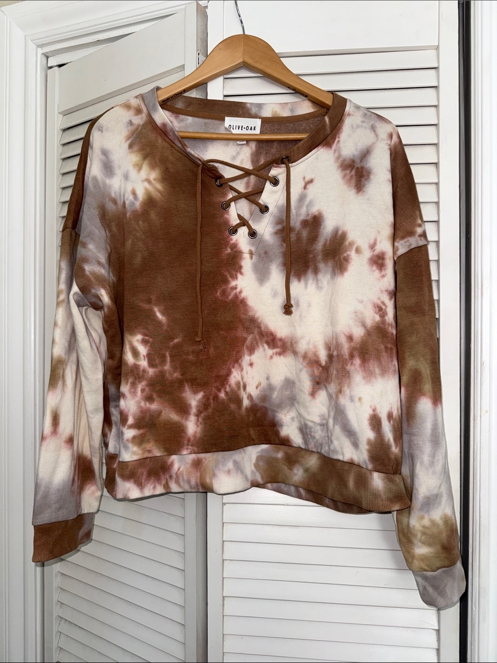 Olive & Oak 🤎 Brown & Cream Tie-Dye Lace-Up Sweatshirt - XL